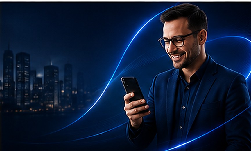 Cliente sorrindo ao usar o celular, com identidade visual azul da Volta Crédito